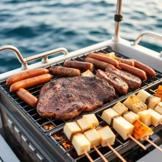Churrasqueira de bordo com carnes e espetinhos de queijo coalho