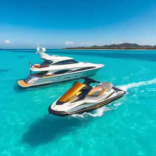 Jet Ski ao lado da lancha Ocean Dream em águas cristalinas